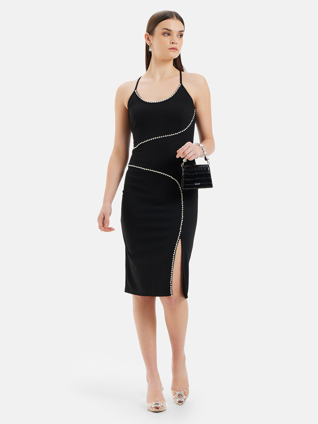 Embellished Bodycon Black Midi Dress - Midi Dresses for women KAZO Embellished Bodycon Black Midi Dress - Midi Dresses for women KAZO