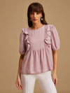 Puff Sleeves Top With Ruffle And Lace Detail