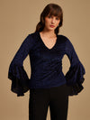 V-Neck Burnout Velvet Top With Asymetric Sleeves