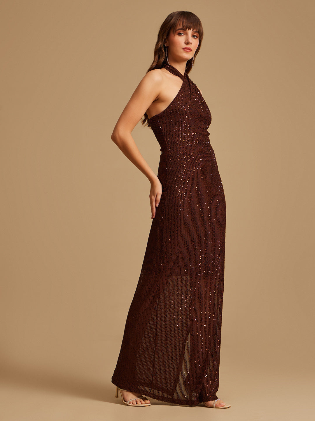 Sequin Halter Neck Maxi Dress KAZO Sequin Halter Neck Maxi Dress KAZO