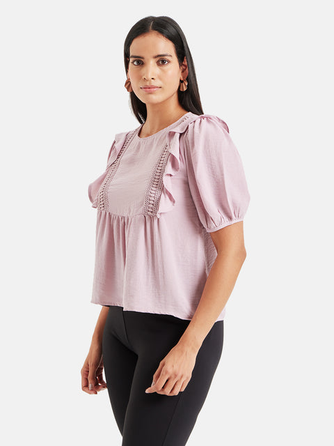 Puff Sleeves Top With Ruffle And Lace Detail