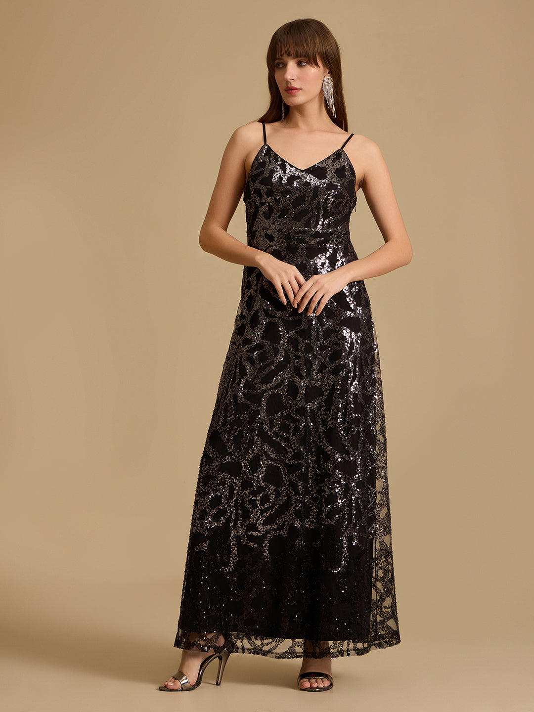 kazo sequin dress Full Sleeves Sequin Maxi Dress W Front Slit KAZO