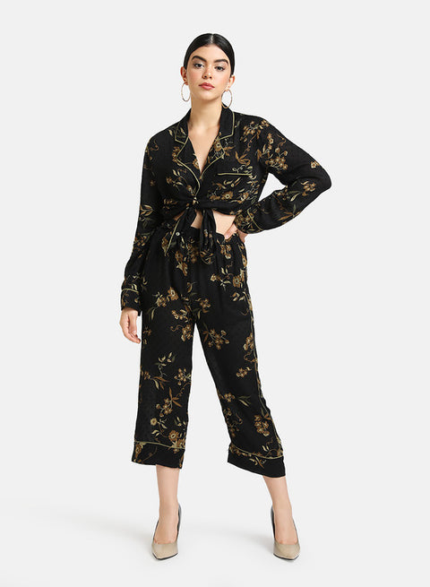 Set Of Floral Print Lounge Set With Contrast Piping Detail