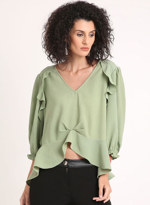 3/4Th Sleeve Top With Ruffles On The Front