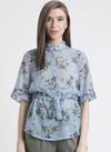 Blue Printed Top With Tie Up At Waistline