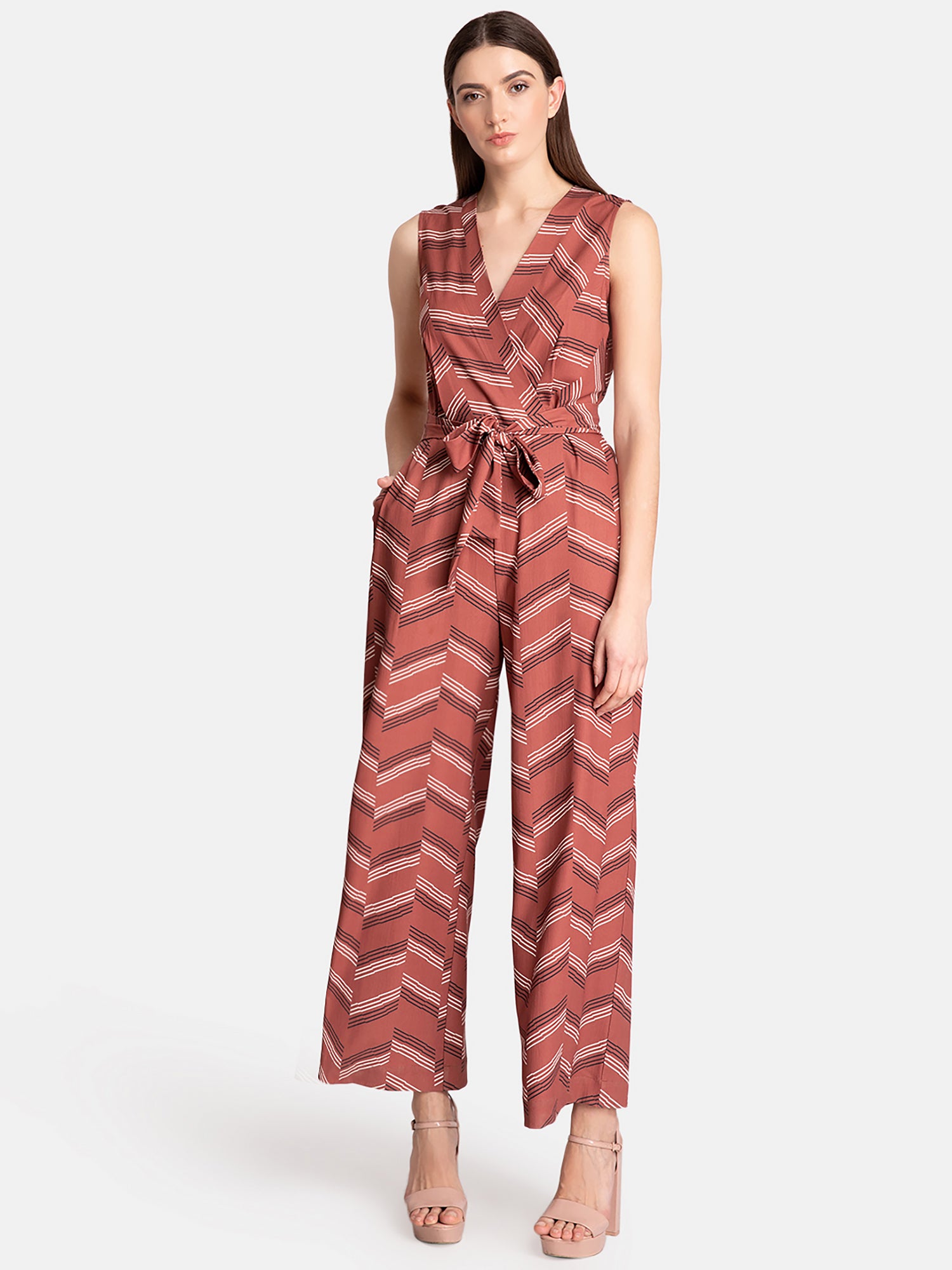 Buy Kazo Norma Knotted Beige Jumpsuit With Embellished Straps online