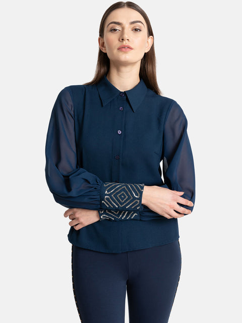 Classic Collar Shirt With Embellished Cuff