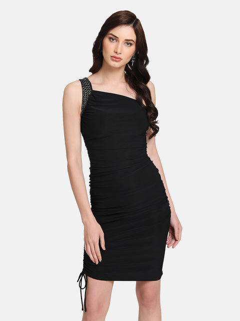 One Shoulder Ruched Mini Dress With Embellishment