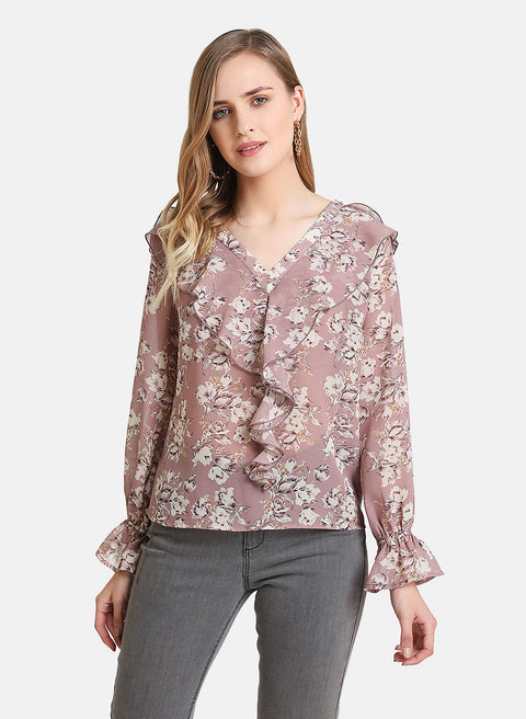 Ruffle Overlay Floral Printed Top