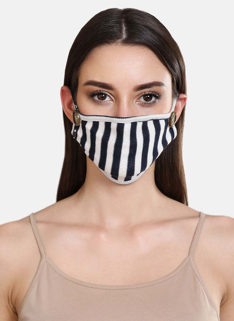Striped Rib 3 Layer Face Mask With Button Detail At Side