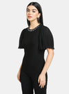 Pleated Sleeve Top With Embellished Neckline