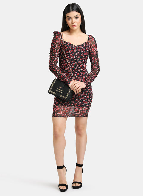 Floral Stretch Mesh Bodycon Mini Dress With Ruched Puff Sleeves