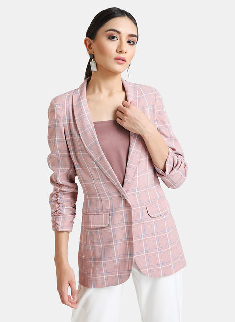 Ruched Sleeves Checked Blazer
