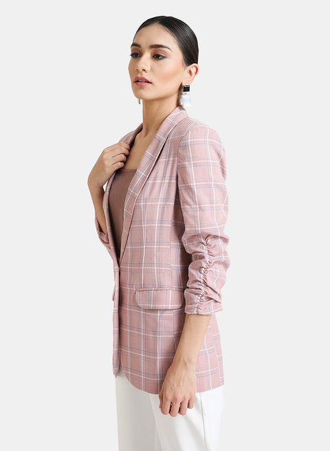 Ruched Sleeves Checked Blazer