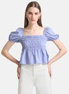 Square Neck Crop Top With Puff Sleeves & Smocking Detail