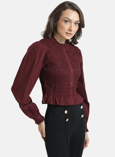 Smocked Top With Puff Sleeves And Ruffle Detail