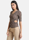 Kazo Beige Flock Mesh Top With Key-Hole At Waist