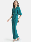 Kazo Green Stretchable Maxi Dress With Drop Shoulder & Embellished Waist