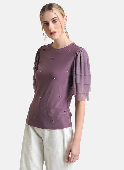 Kazo Purple Embellished Top With Ruffle Mesh Sleeves.