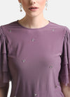 Kazo Purple Embellished Top With Ruffle Mesh Sleeves.