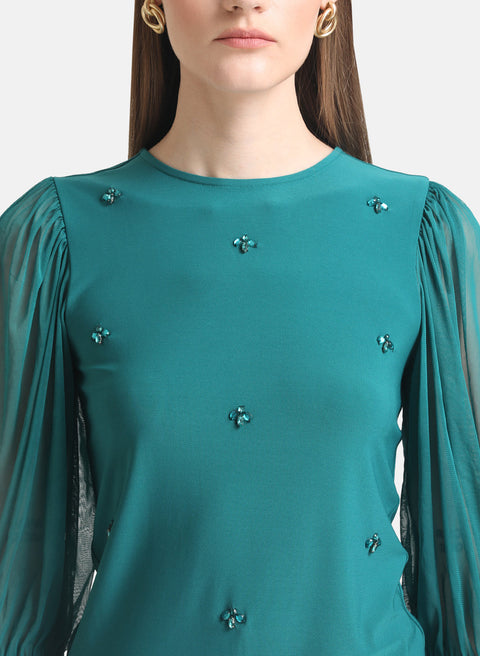 Kazo Green Embellished Top With Mesh Puff Sleeves