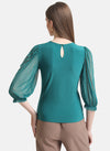 Kazo Green Embellished Top With Mesh Puff Sleeves