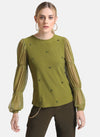 Kazo Green Embellished Top With Mesh Puff Sleeves