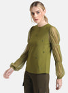 Kazo Green Embellished Top With Mesh Puff Sleeves