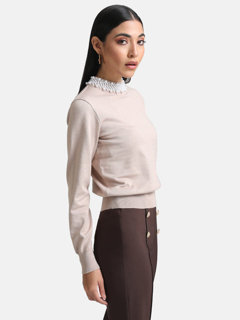 Pullover With Pearl Embellishment At Neck