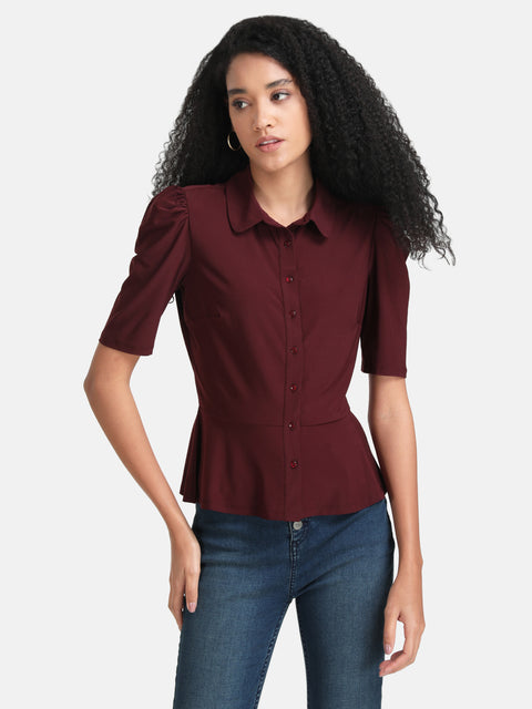 Stretchable Peplum Shirt With Puff Sleeves