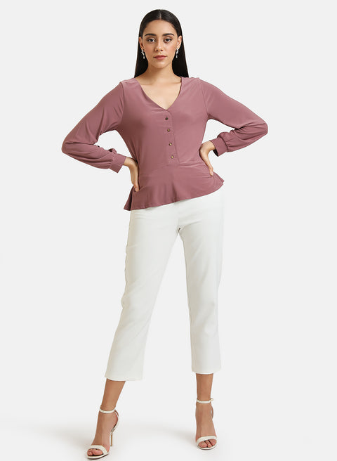 Peplum Jersey Top With Front Button Detail
