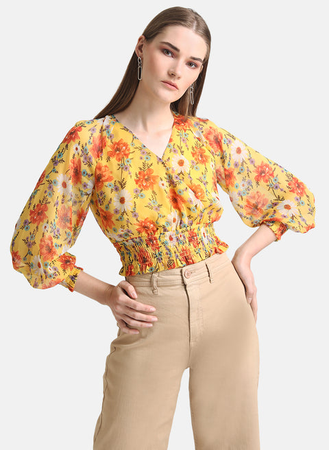 Floral Printed Top With Smocking Detail