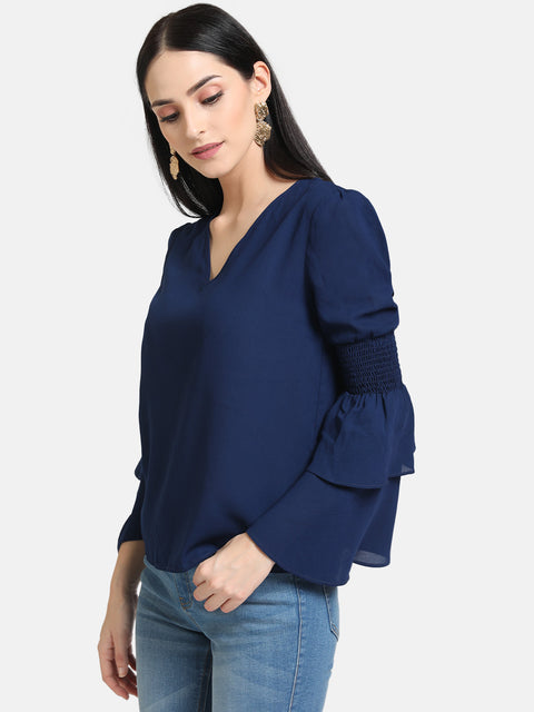 V- Neck Smocking Blouse With Bell Sleeve