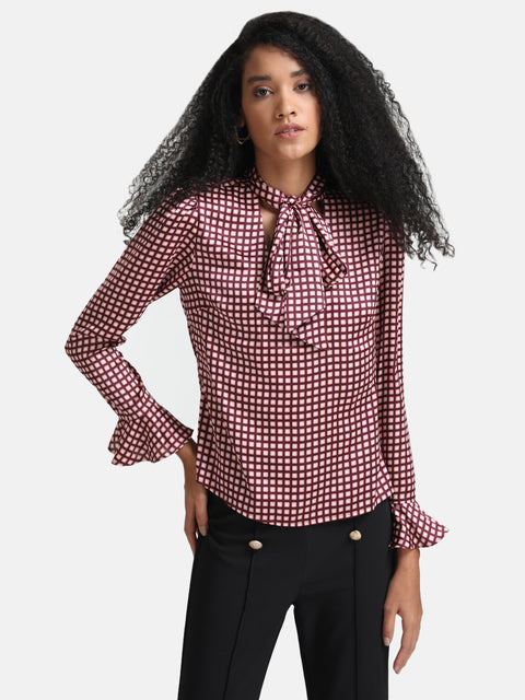 Geometric Printed Top With Neck Tie-Up
