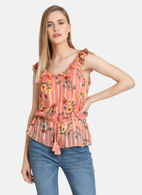 Ruffle Detail Top With Drawstring