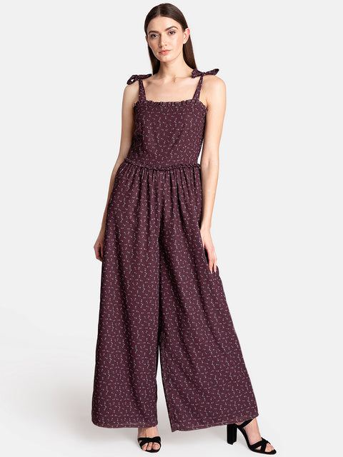 Printed Jumpsuit With Tie-Up And Smocking