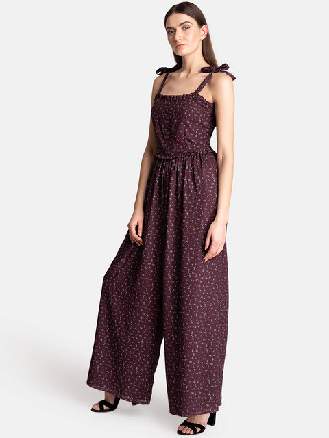 Printed Jumpsuit With Tie-Up And Smocking