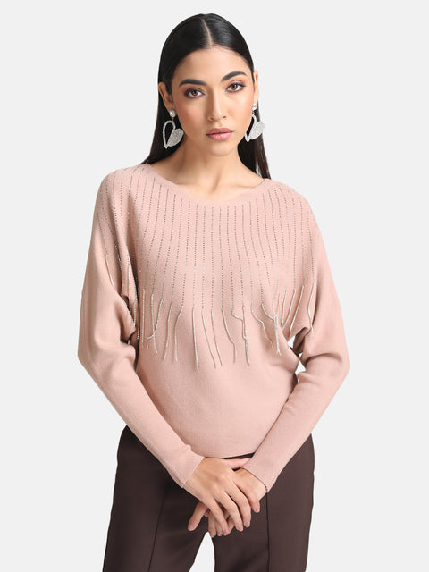 Batwing Pullover With Heat Studs And Fringes