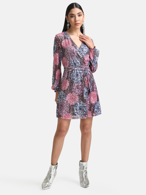 Overlapped Printed Sequin Mini Dress