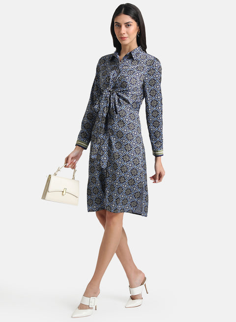 Printed Shirt Dress With Tie-Knot