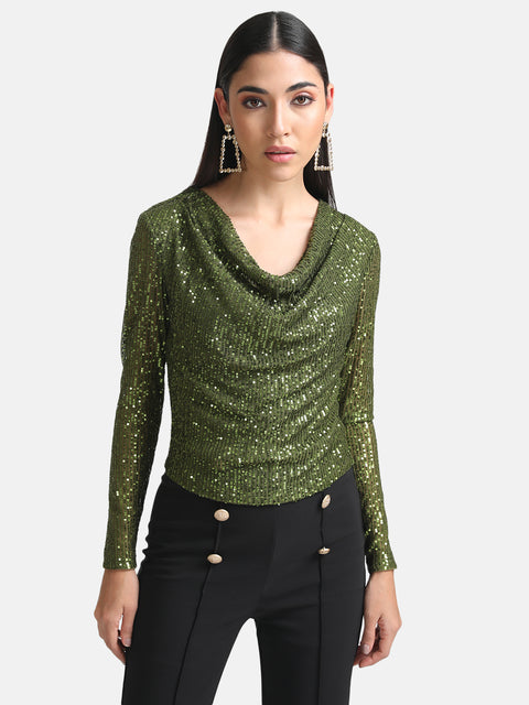 Sequin Top With Cowl Neck