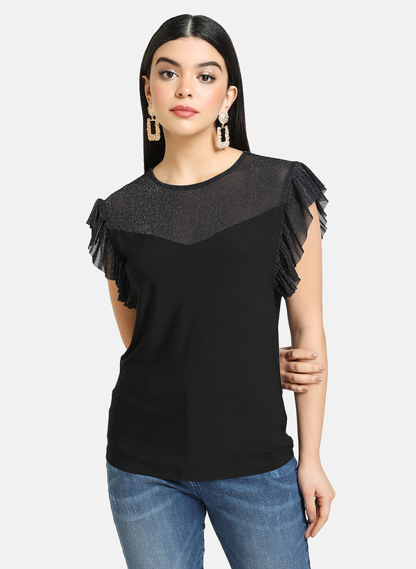 Ruffle Detail Mesh Yoke Top