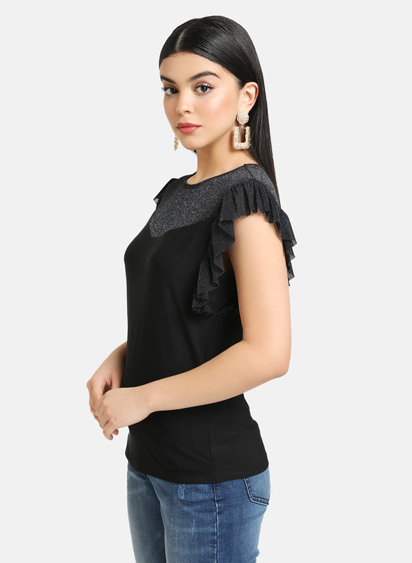 Ruffle Detail Mesh Yoke Top