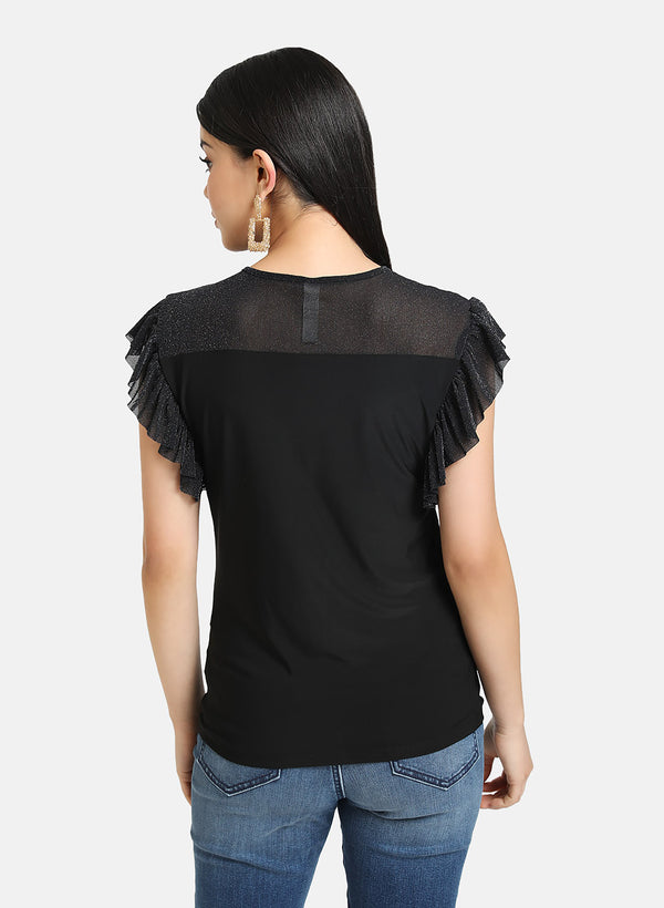 Ruffle Detail Mesh Yoke Top