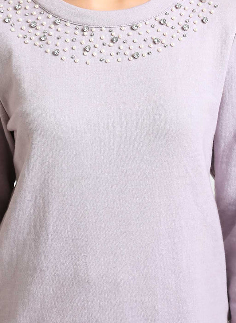 Pearl Neck Embellished Pullover