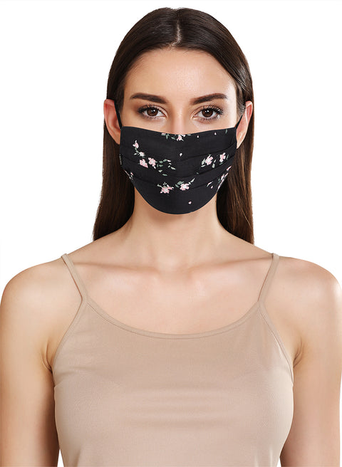 Black Floral Print Layered Face Mask