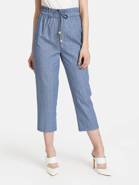 Striped Denimized Culottes With String Tie-Up